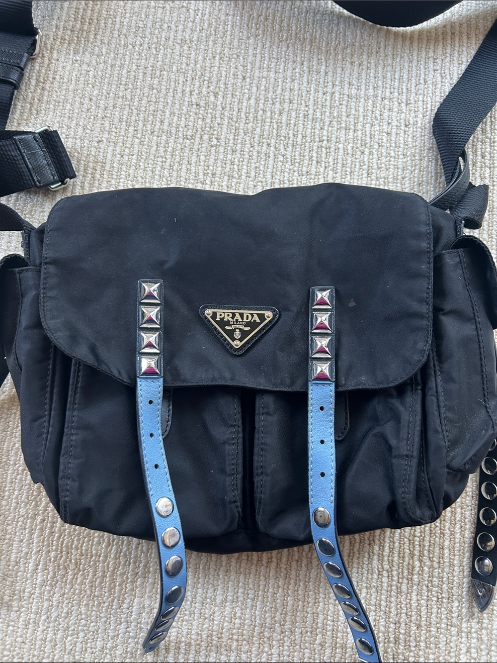 Black Crossbody Bag with Blue Strap Accents